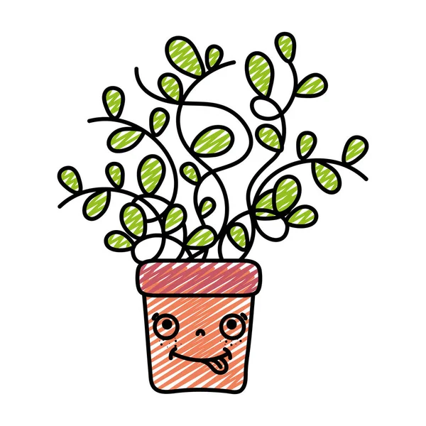 Doodle Kawaii Funny Plant Leaves Flowerpot Vector Illustration — Stock Vector