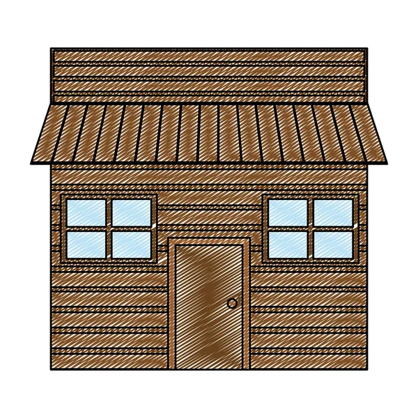 Doodle Wooden House Windows Design Door Vector Illustration — Stock Vector