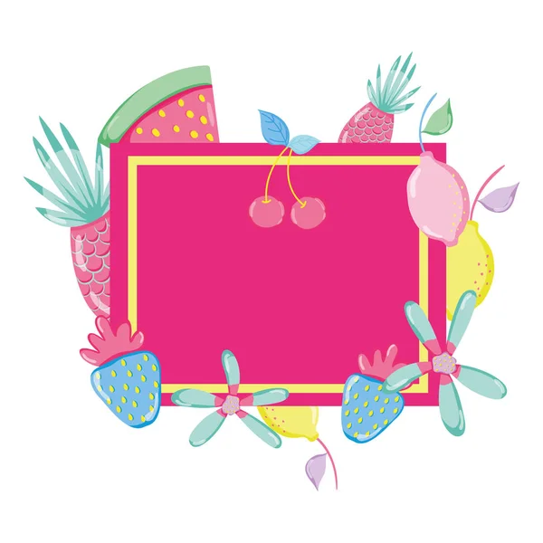 Emblème Avec Des Fruits Tropicaux Des Fleurs Décoration Vectorielle Illustration — Image vectorielle