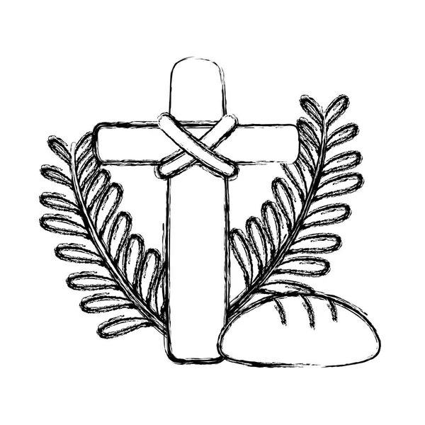 Grunge Cruz Religión Católica Con Palmeras Pan Ilustración — Vector de stock