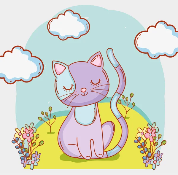 Cat Animal Clouds Flowers Plants Vector Illustration — Stock Vector