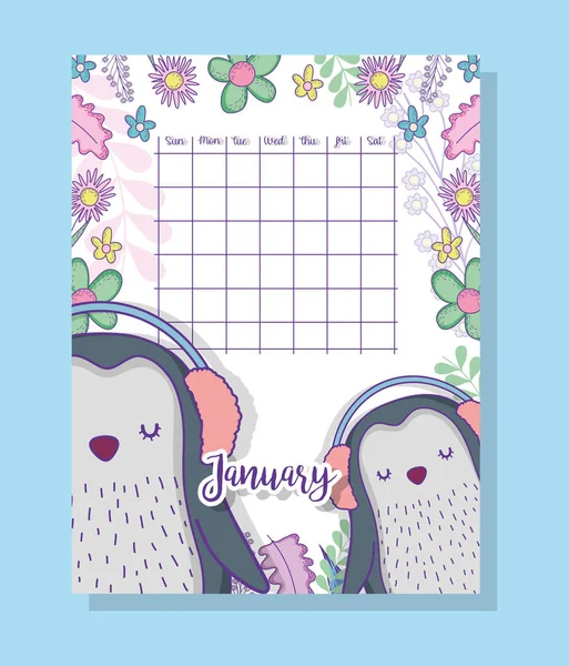 Enero Calendario Información Con Pingüinos Plantas Vector Ilustración — Vector de stock