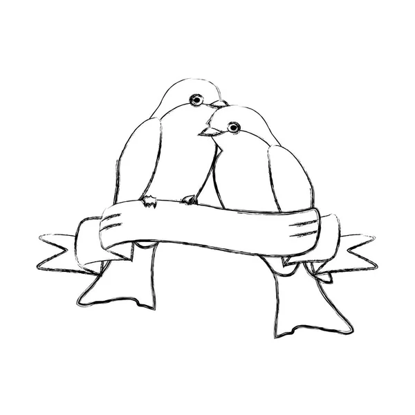 Grunge Couple Oiseau Animal Avec Ruban Décoration Vectorielle Illustration — Image vectorielle