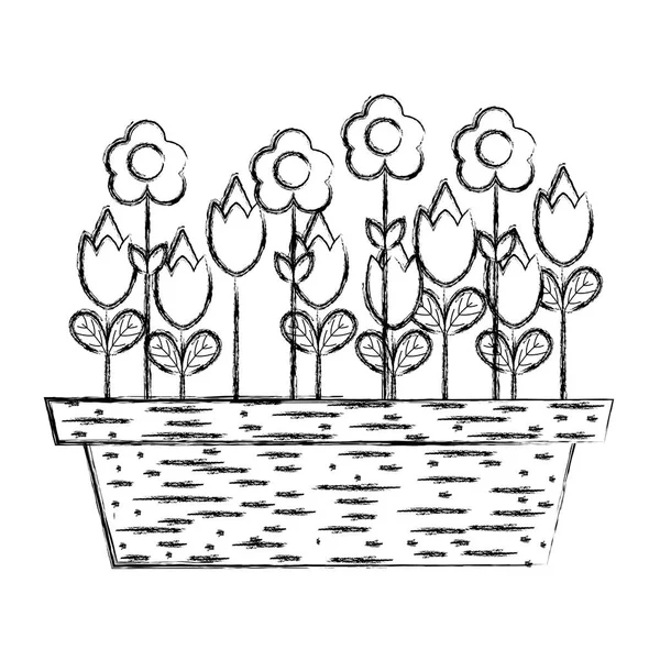 Grunge Flores Natureza Com Pétalas Dentro Madeira Plantpot Vetor Ilustração — Vetor de Stock