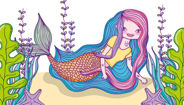 Sereia Pequena Bonito Com Desenhos Animados Mar Fantasia Desenhos Ilustração —  Vetores de Stock