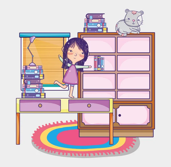 Cute girl with books inside room cartoons vector illustration graphic design