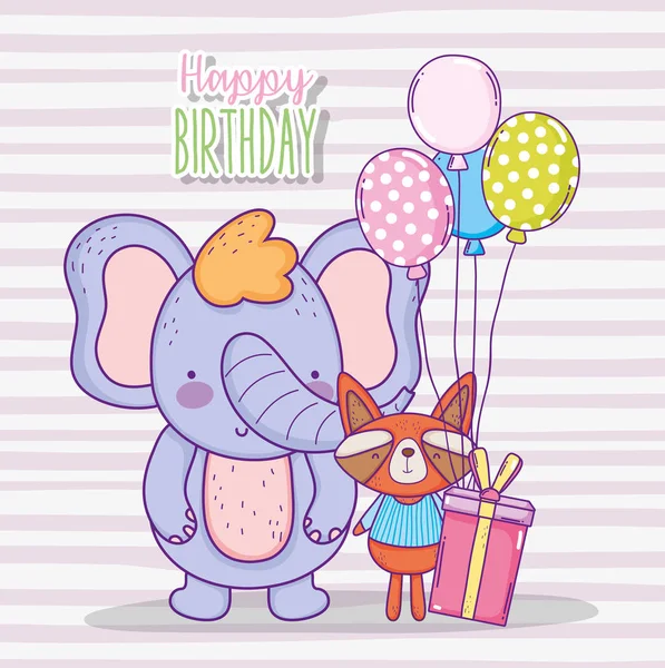 Elephant Raccoon Happy Birthday Present Gift Vector Illustration — Stock Vector