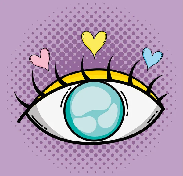 Pop Art Cute Eye Cartoon Hearts Vector Illustration Graphic Design — Stock Vector