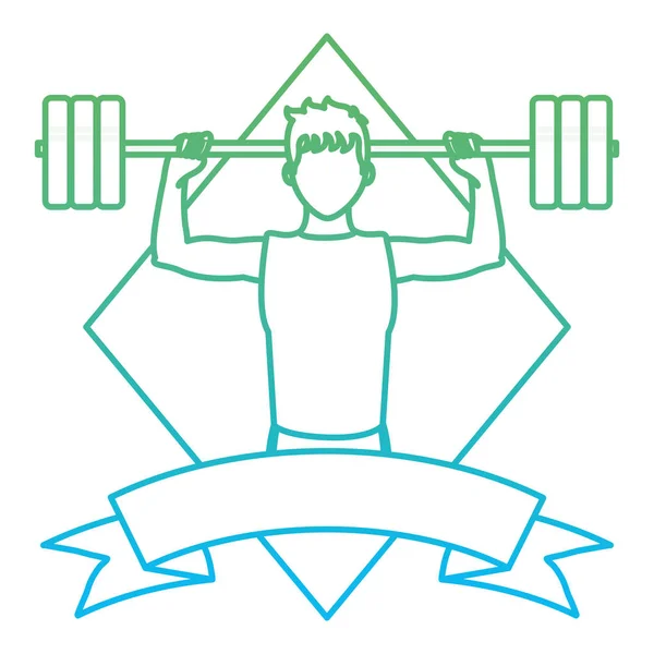 Degraded Line Man Lifting Weights Emblem Ribbon Vector Illustration — Stock Vector