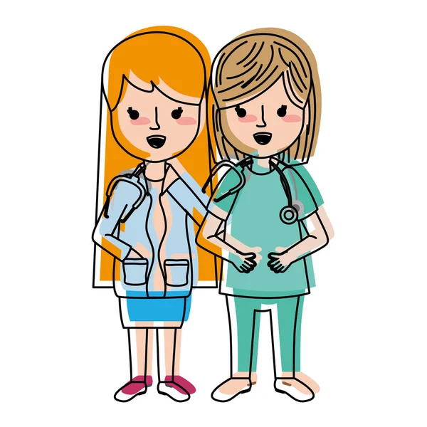 Mujeres Color Movido Médicos Con Herramienta Estetoscopio Ilustración Vectorial Uniforme — Vector de stock