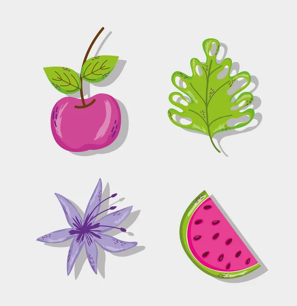 Conjunto Frutas Verano Flores Dibujos Animados Vector Ilustración Diseño Gráfico — Archivo Imágenes Vectoriales