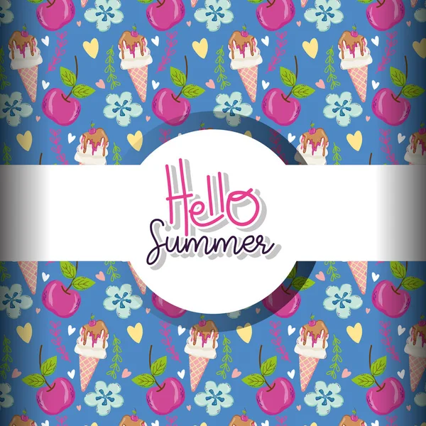 Hello Summer Background Fruits Desserts Ice Cream Vector Illustration Graphic — Stock Vector