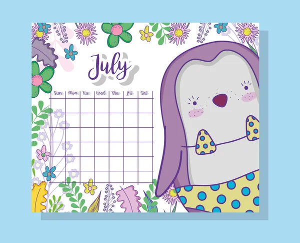 Julio Calendario Información Con Pingüino Plantas Vector Ilustración — Vector de stock