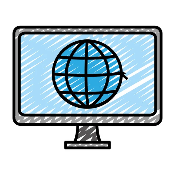 Doodle Electronic Computer Screen Global Service Vector Illustration — Stock Vector