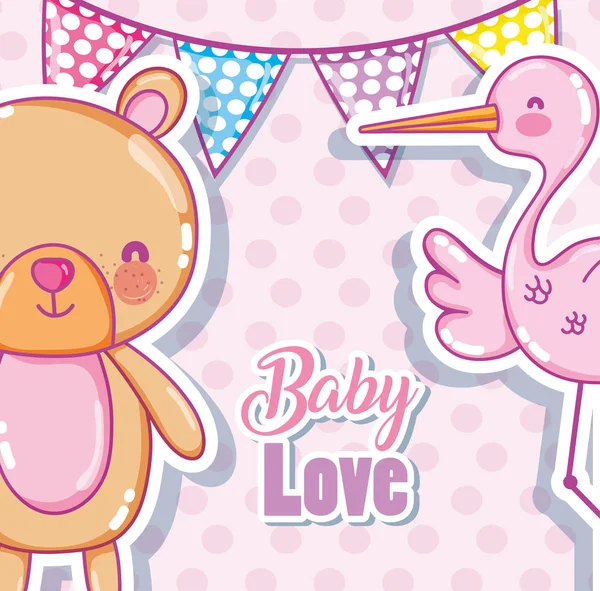 Baby Love Card Mit Storch Und Bär Vektor Illustration Grafik — Stockvektor