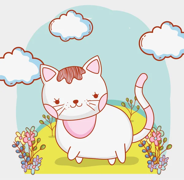 Cute Cat Clouds Flowers Plants Vector Illustration — Stock Vector