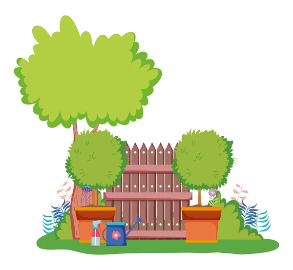 Árboles Con Parrilla Madera Riego Puede Vector Ilustración — Vector de stock