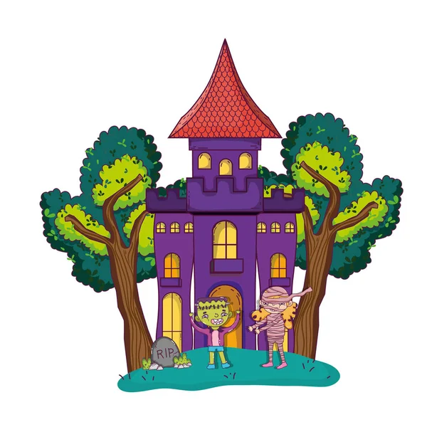 Halloween frankenstein and mummy at haunted castle cartoons vector illustration graphic design