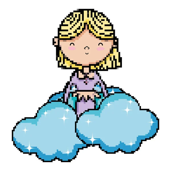 Pixel Mujer Con Pelo Corto Las Nubes Vector Ilustración — Vector de stock