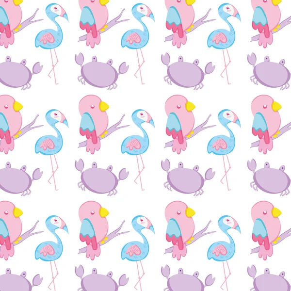 Flamingo Mit Papageienvogel Und Krabbe Tier Hintergrund Vektor Illustration — Stockvektor