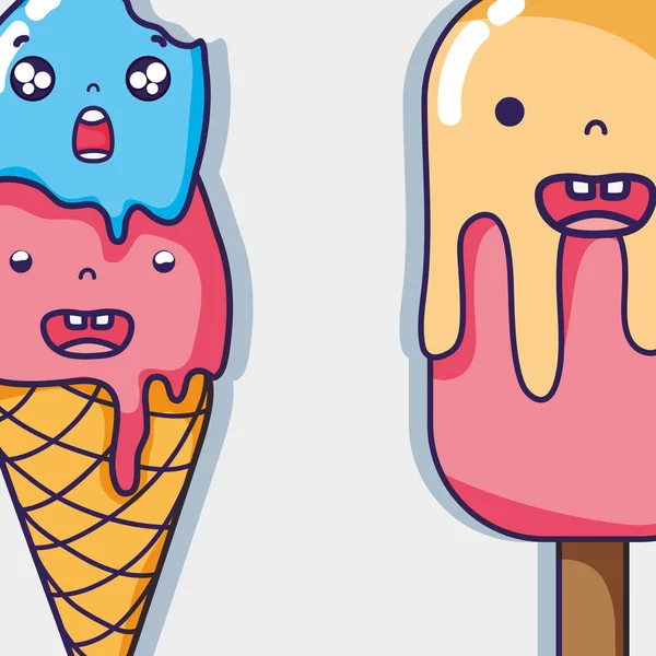 Kawaii Ice Cream Lolly Faces Expression Vector Illustration — Stock Vector