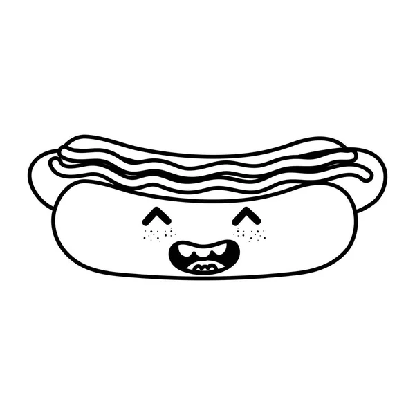 Linie Kawaii Happy Hot Dog Mit Saucen Vektorillustration — Stockvektor