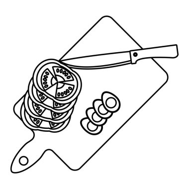 satır dilimlenmiş domates ve uyur kurulu vektör çizim içinde bıçak ile yumurta kızarmış