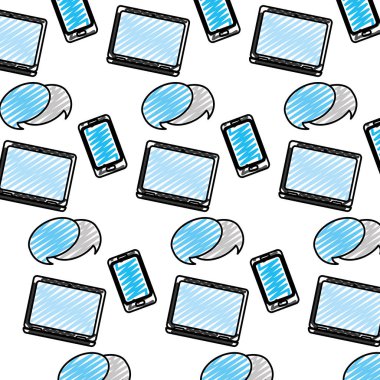 Elektronik smartphone ve laptop ile sohbet kabarcık arka plan vektör çizim doodle