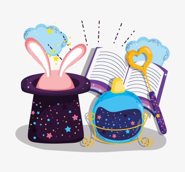 iksir sihirli kitap ve tavşan vektör çizim ile şapka ile