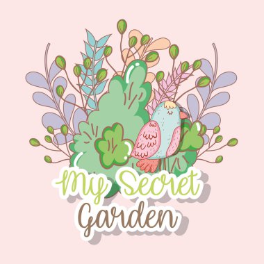 Bush dalları ile bitkiler yaprakları ve kuş vektör çizim