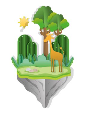 Sanat sevimli orman sahne zürafa ile flotating vektör çizim grafik tasarım kağıt.