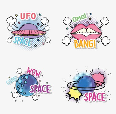 ayarla ufo gezegen ve ağız yama vektör çizim ile moda