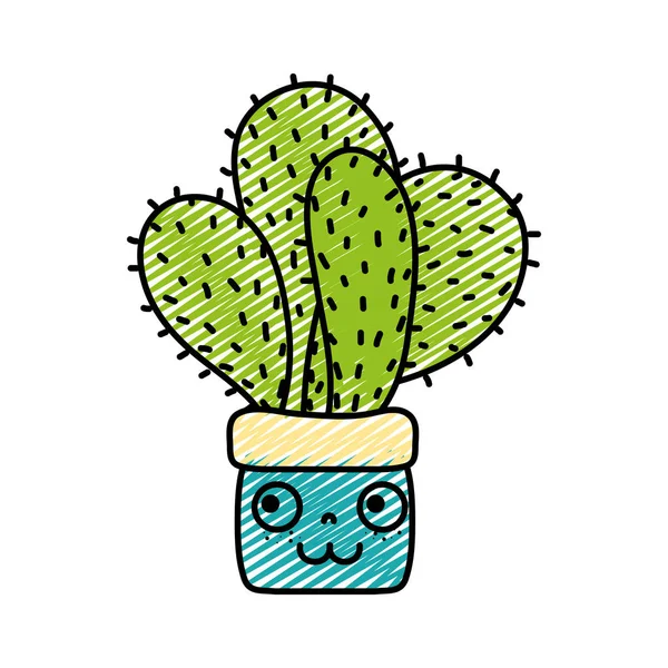 Doodle Kawaii Heureuse Plante Cactus Intérieur Illustration Vectorielle Pot Fleurs — Image vectorielle