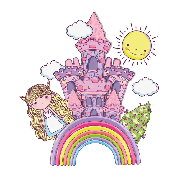 虹のベクトル図に城を持つ少女幻想的な生き物 — ストックベクタ