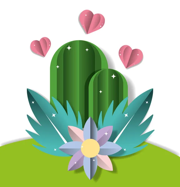 Lindo Cactus Con Hojas Corazones Papel Caricaturas Vector Ilustración Diseño — Vector de stock