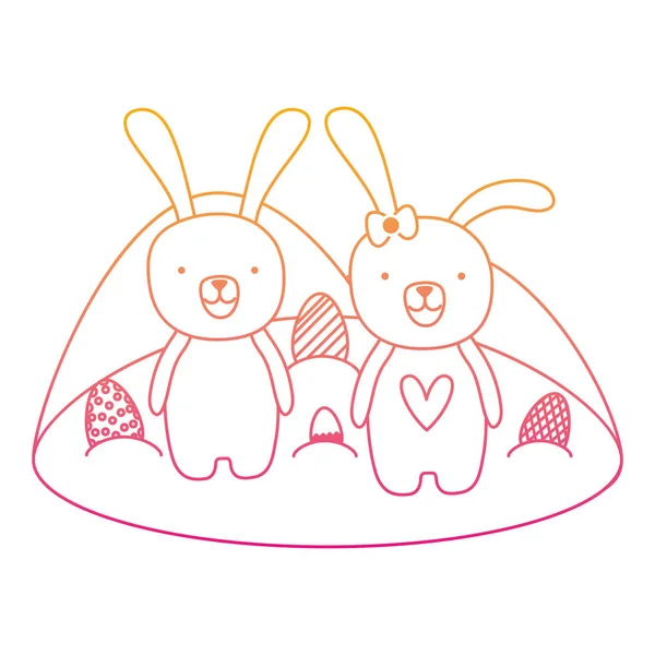 degraded line couple rabbit animal with eggs easter vector illustration