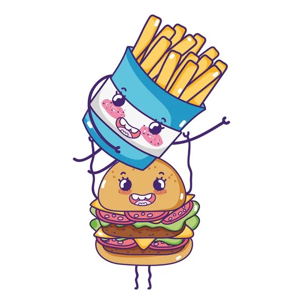 Kawaii Patatine Fritte Felici Francese Con Hamburger Vettoriale Illustrazione — Vettoriale Stock
