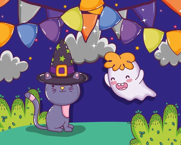 Felice Halloween Gatto Fantasma Notte Cartoni Animati Vettoriale Illustrazione Grafica — Vettoriale Stock