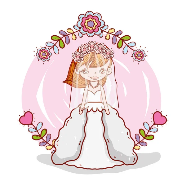 Chica Con Vestido Tejer Flores Ramas Hojas Vector Ilustración — Vector de stock