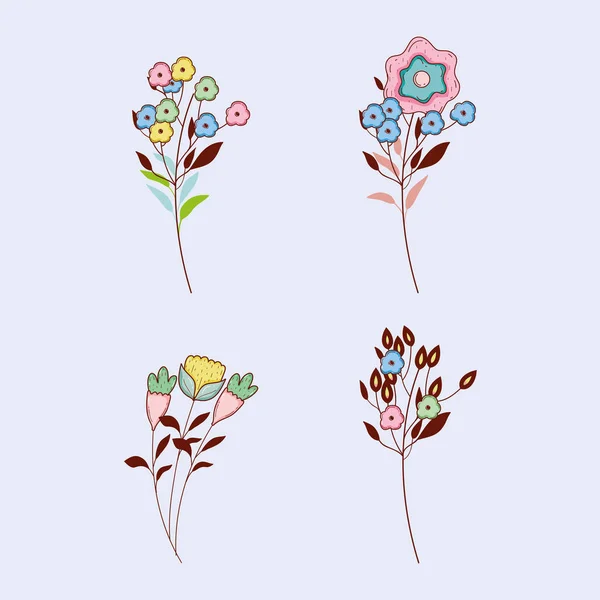 Set Flores Exóticas Plantas Con Hojas Vector Ilustración — Archivo Imágenes Vectoriales