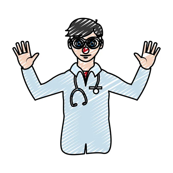 Doodle Hombre Médico Con Nariz Payaso Vector Uniforme Ilustración — Vector de stock