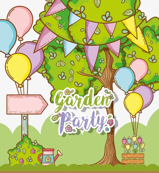 花园派对邀请卡与可爱的卡通矢量插图平面设计 — 图库矢量图片