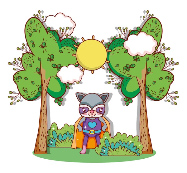 Raccoon superhero animal at nature cartoon vector illustration graphic design