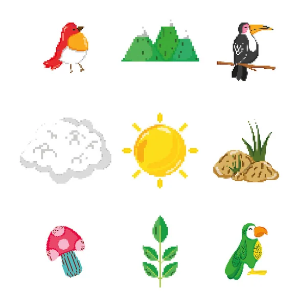 Conjunto Ícones Pixelados Natureza Coleção Vetor Ilustração Design Gráfico — Vetor de Stock