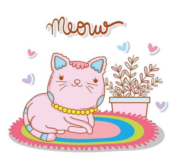 Cat Animal Rug Plant Hearts Vector Illustration — Stock Vector
