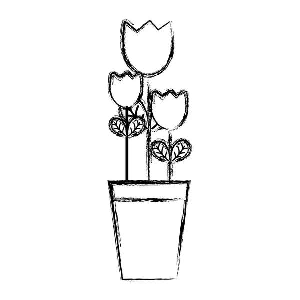 Grunge Pěkné Květiny Listy Květy Uvnitř Plantpot Vektorové Ilustrace — Stockový vektor