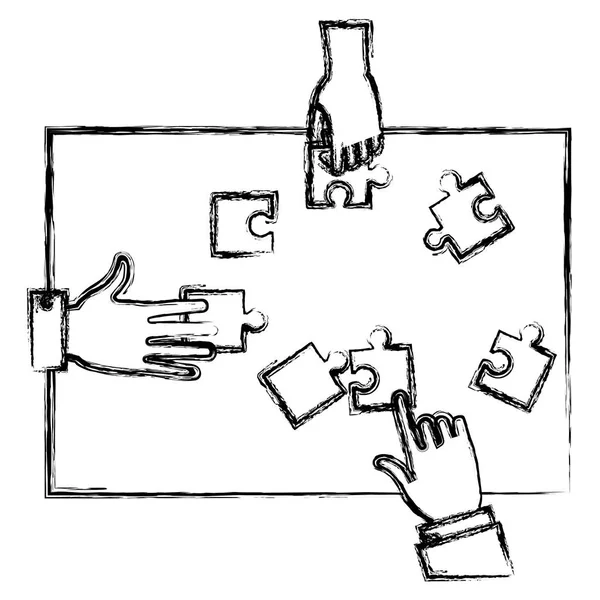 Гранж Бизнесменов Руки Играть Головоломки Таблице Векторной Иллюстрации — стоковый вектор