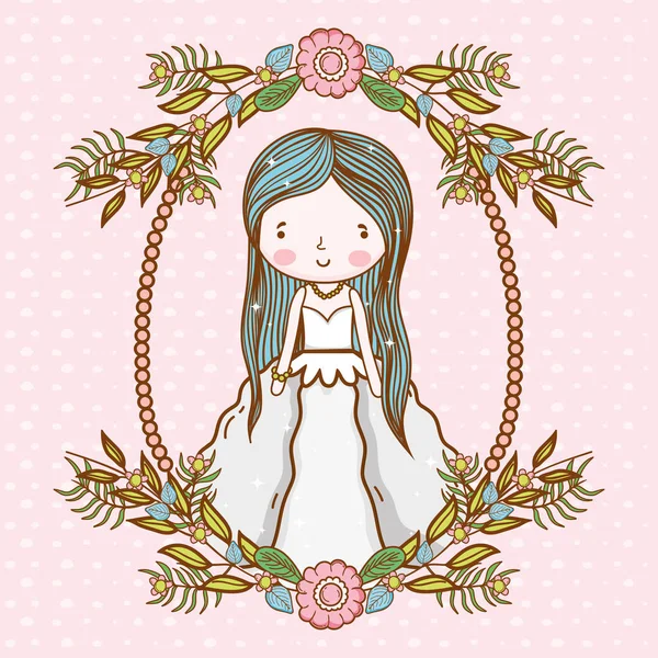 Femme Mariage Avec Cadre Fleurs Plantes Feuilles Illustration Vectorielle — Image vectorielle