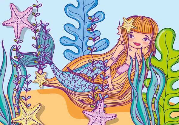 Sereia Pequena Bonito Com Desenhos Animados Mar Fantasia Desenhos Ilustração —  Vetores de Stock