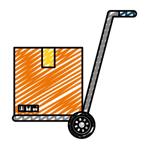 Doodle Plattformwagen Mit Lieferbox Paketvektorillustration — Stockvektor